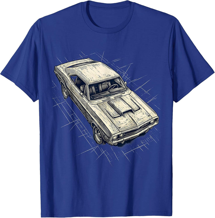 Vintage Car Blueprint Technical Drawing Overhead T-Shirt - Royal Blue