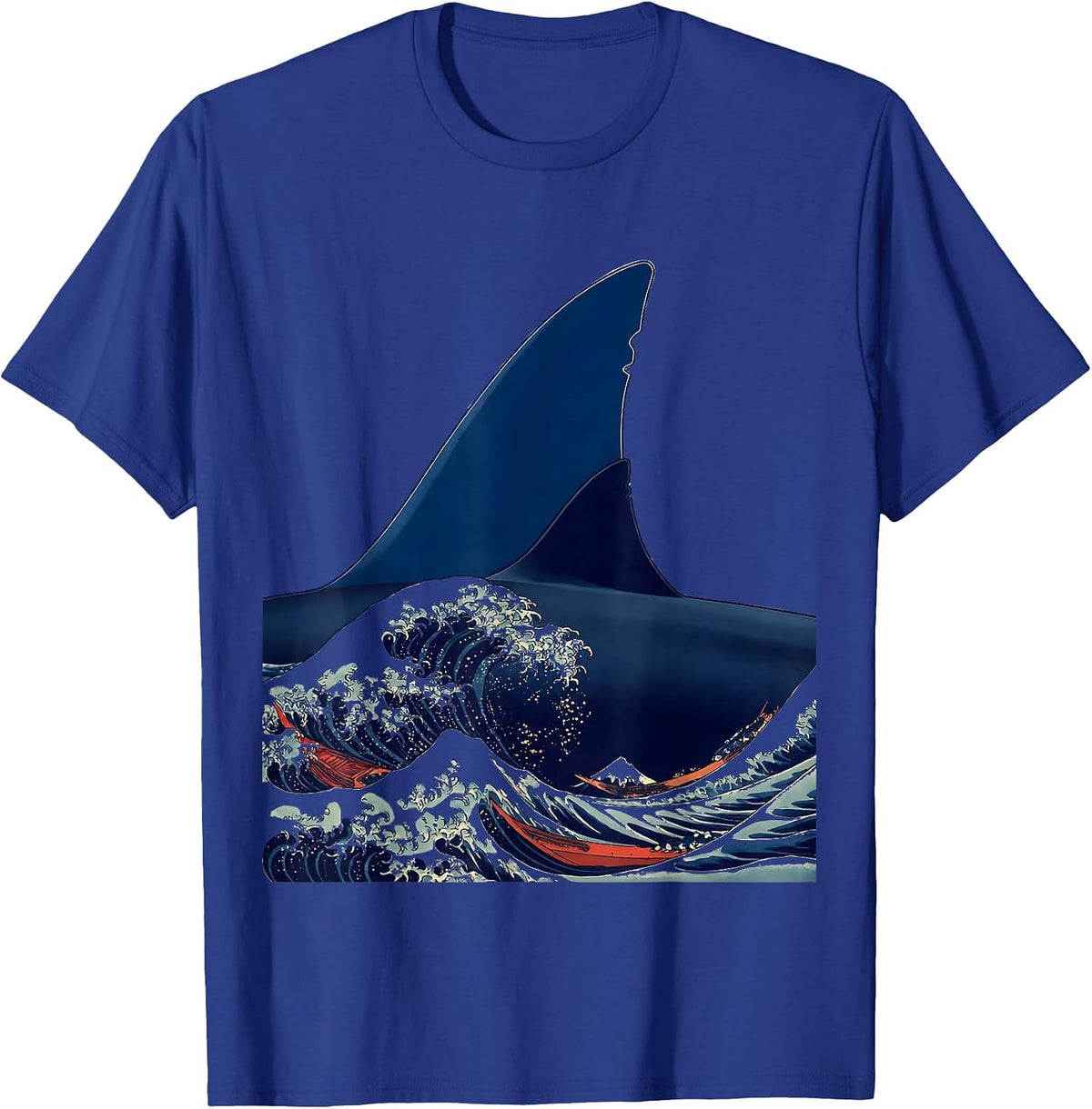 Men's Shark Fin Check Mark Ukiyo-e Ocean Animal Humor T-Shirt - Royal Blue