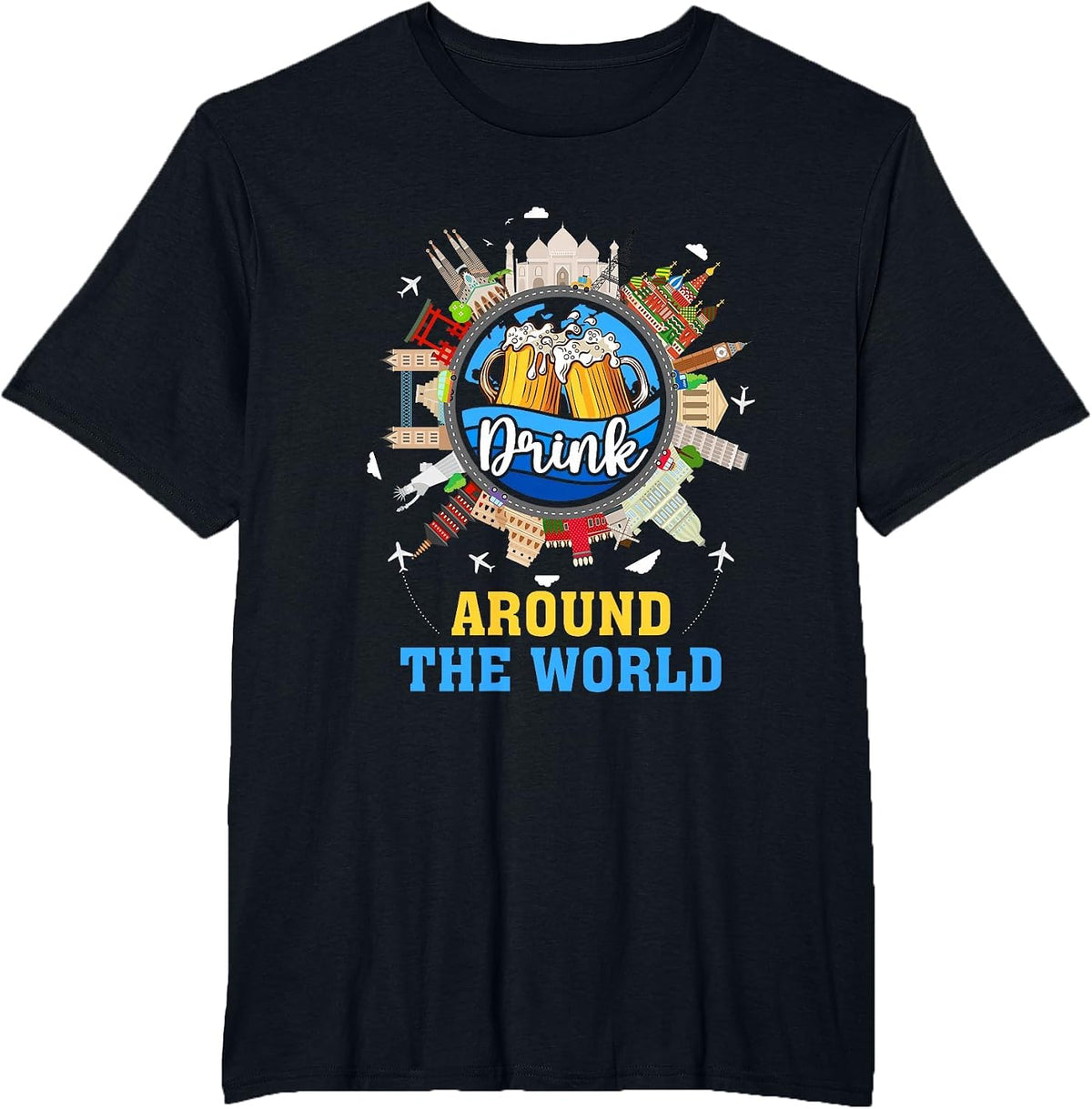 Drink Around The World Vacation Adult Drinking Beer Party T-Shirt - Black