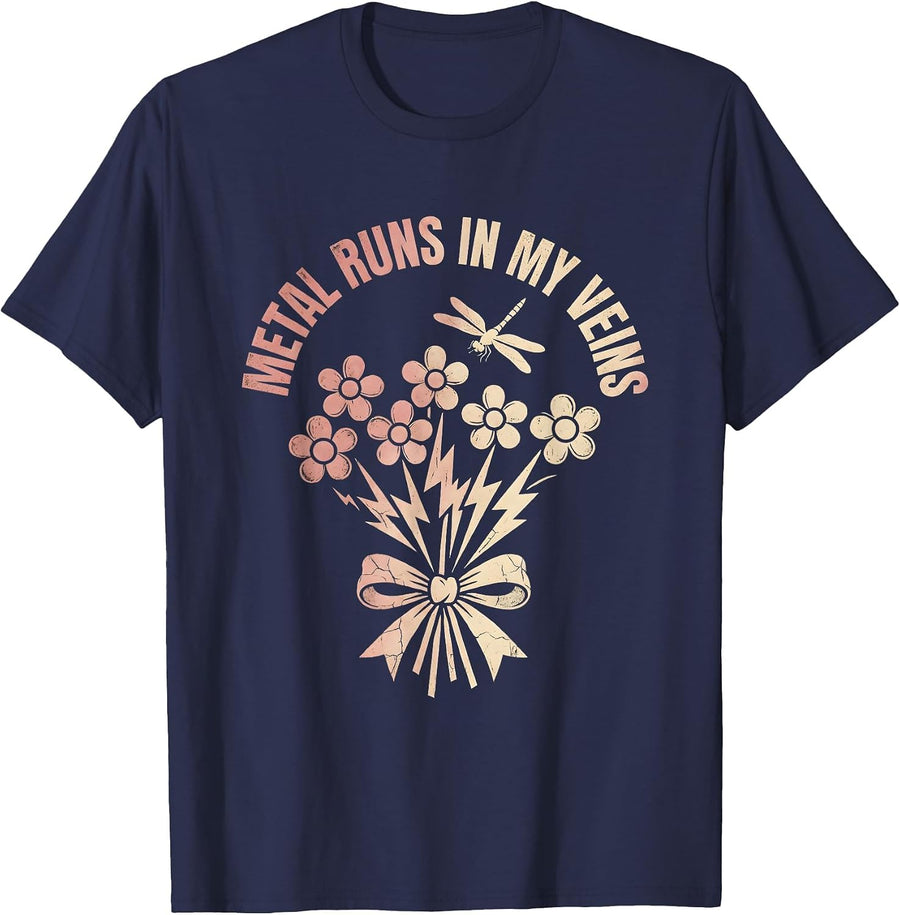 Metal Runs In My Veins Heavy Metal Music Design T-Shirt - Navy Blue