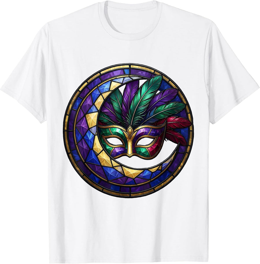 Men's Mardi Gras Crescent Moon Carnival Mask Illustration T-Shirt - White
