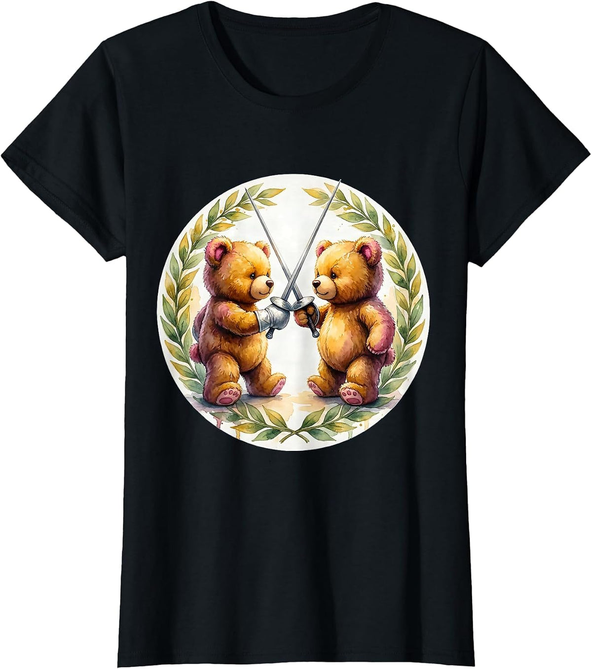 Women's Teddy Bears Fencing Duel Graphic Tee T-Shirt - Black