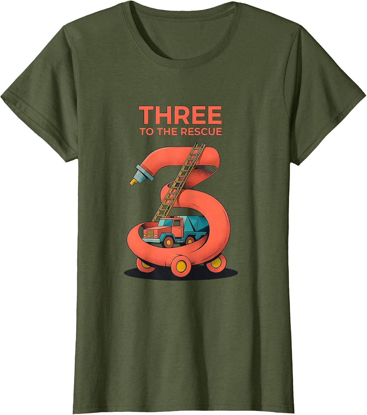 Women's Three To The Rescue Midcentury Modern Fire Truck Kid T-Shirt - Olive Green