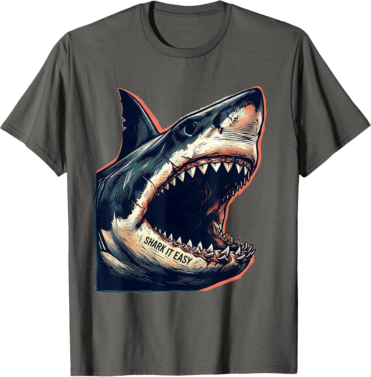 Men's Shark It Easy Linocut Funny Shark Lover Ocean Animal Humor T-Shirt - Asphalt Grey