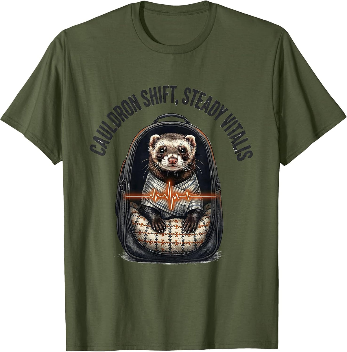 Men's Cauldron Shift Steady Vitals Funny Vet Tech Veterinary T-Shirt - Olive Green