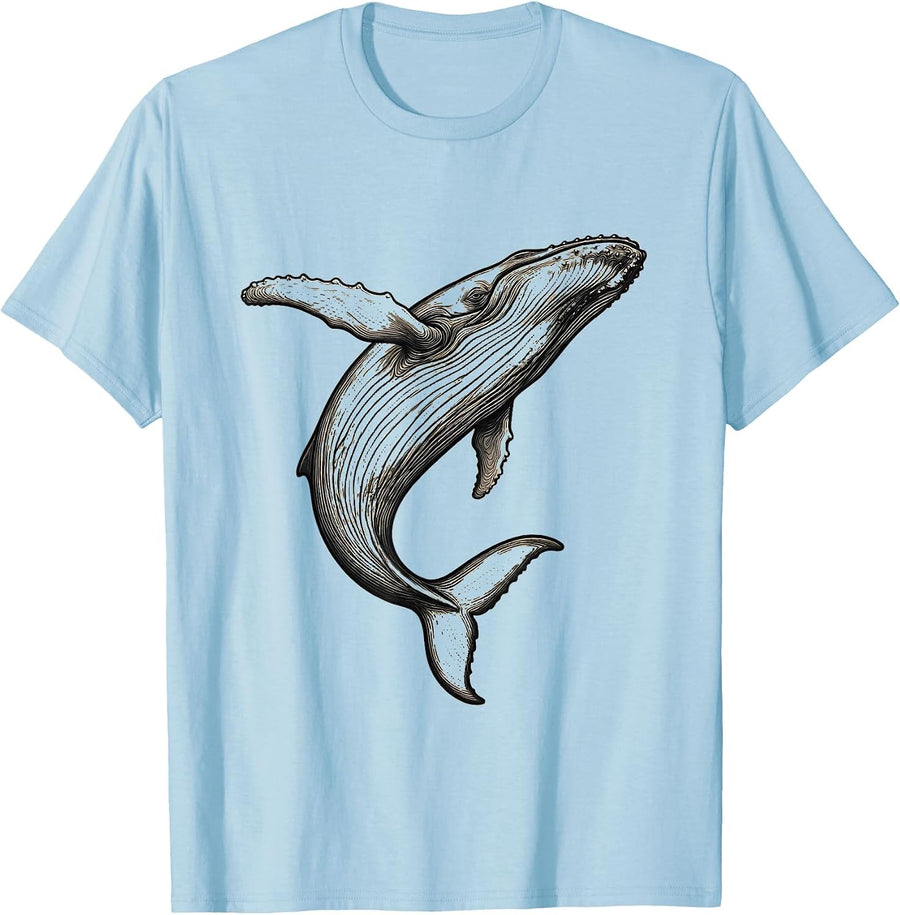 Men's Whale Contour Minimalist Line Art Animal Lover T-Shirt - Baby Blue