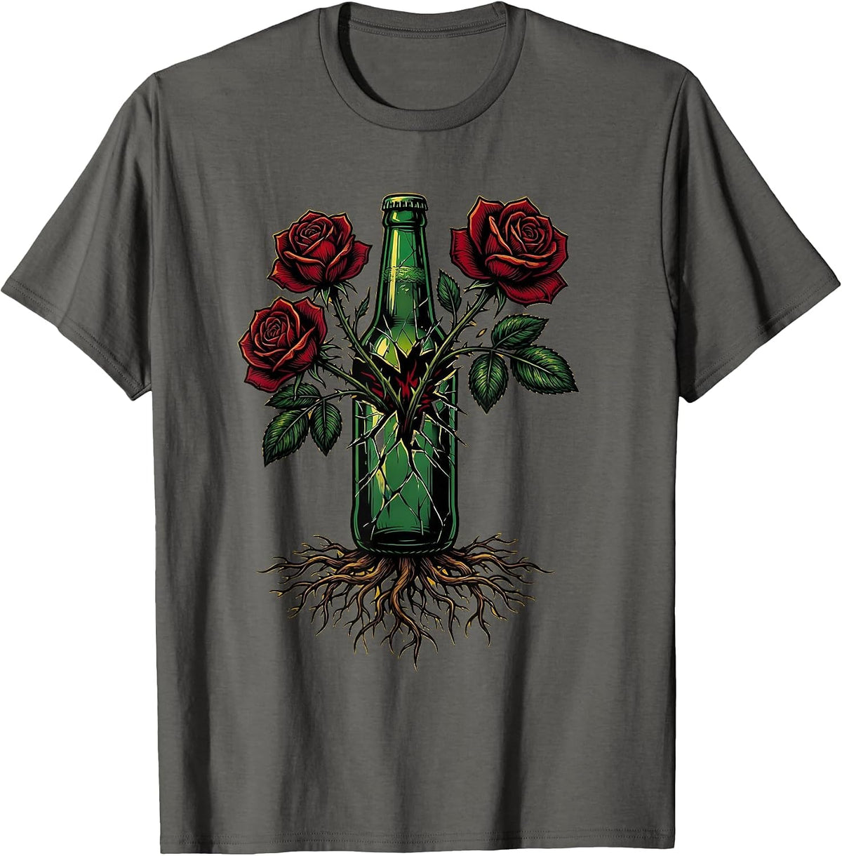 Broken Bottle Roses Punk Rock Graphic Tee T-Shirt - Asphalt Grey