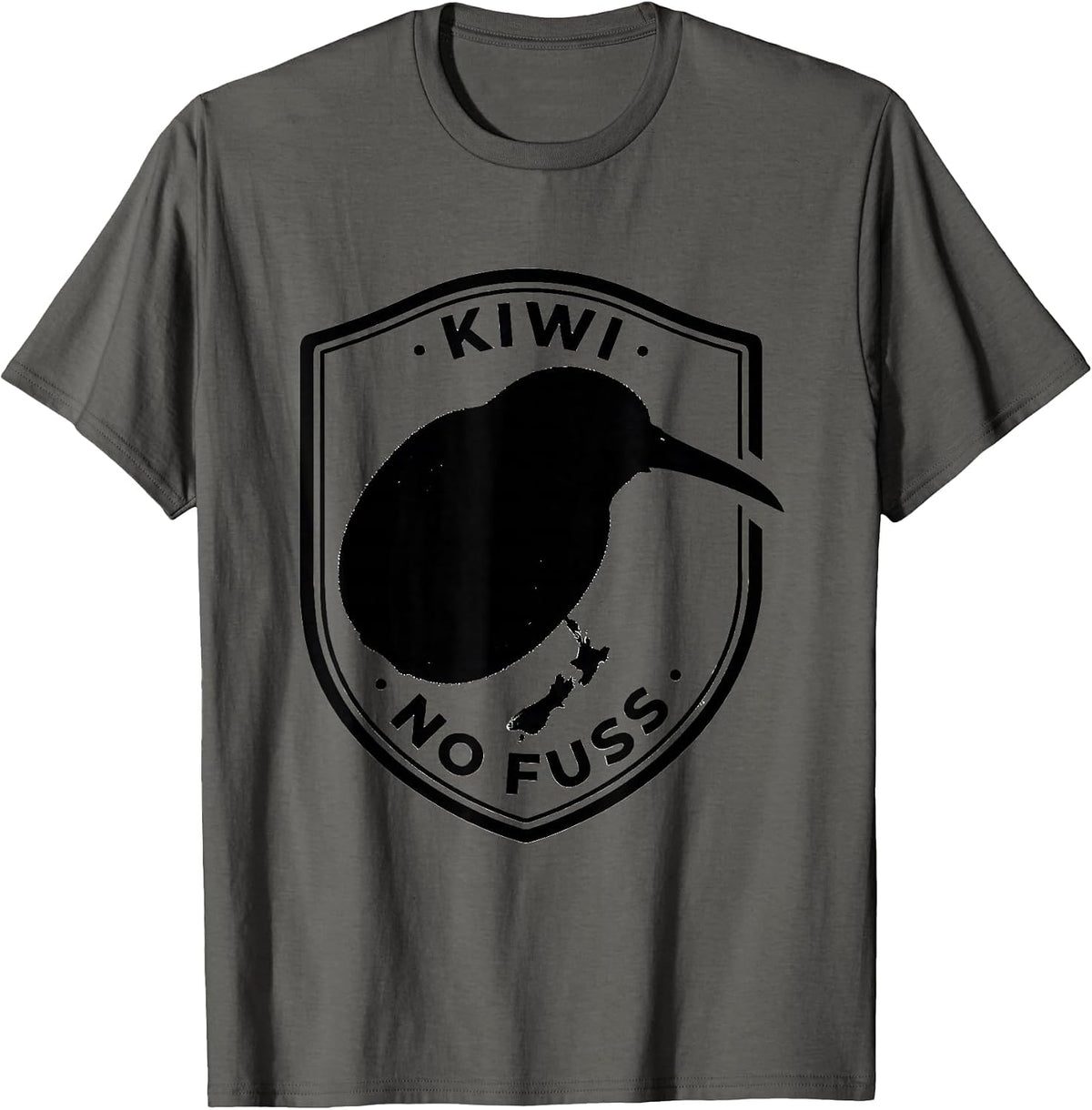 Men's Kiwi No Fuss Shield Badge New Zealand Bird Map Rugby Pride T-Shirt - Asphalt Grey