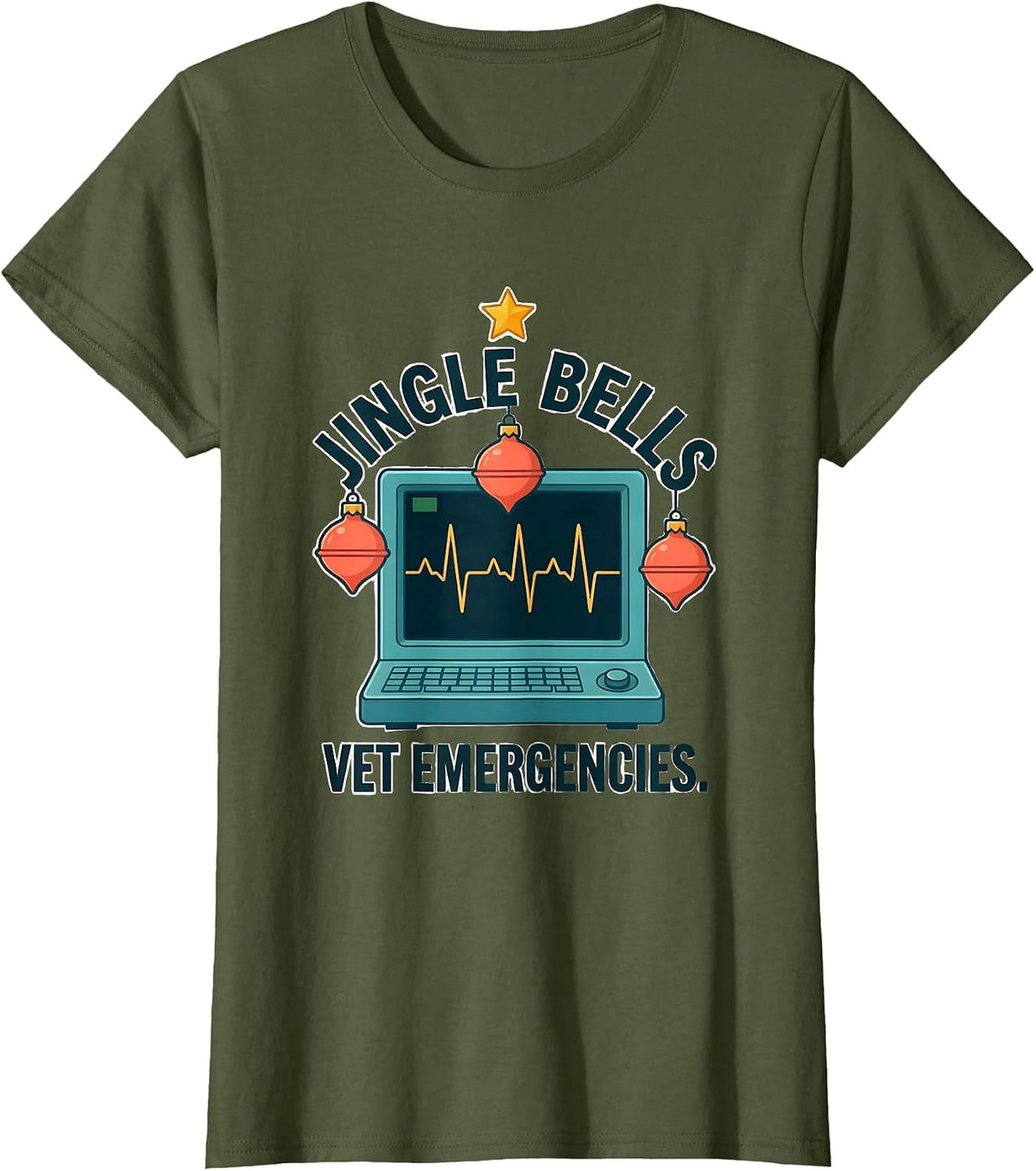 Women's Jingle Bells Vet Emergencies Funny Veterinary Tech Christmas T-Shirt - Olive Green