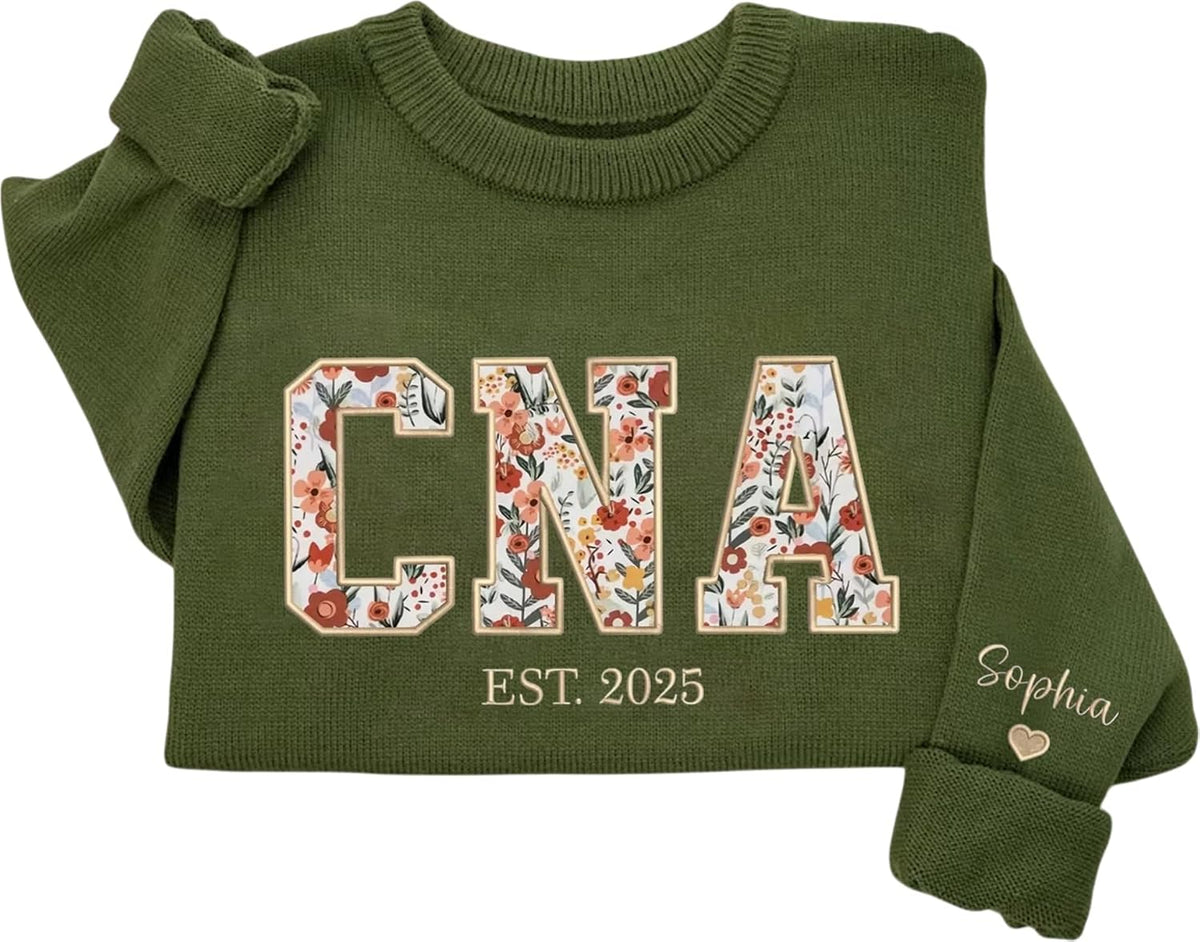 Custom Embroidered Floral Sweater for Nurses, Personalized Floral Knit Sweatshirt – Comfortable Cotton Blend - Cna