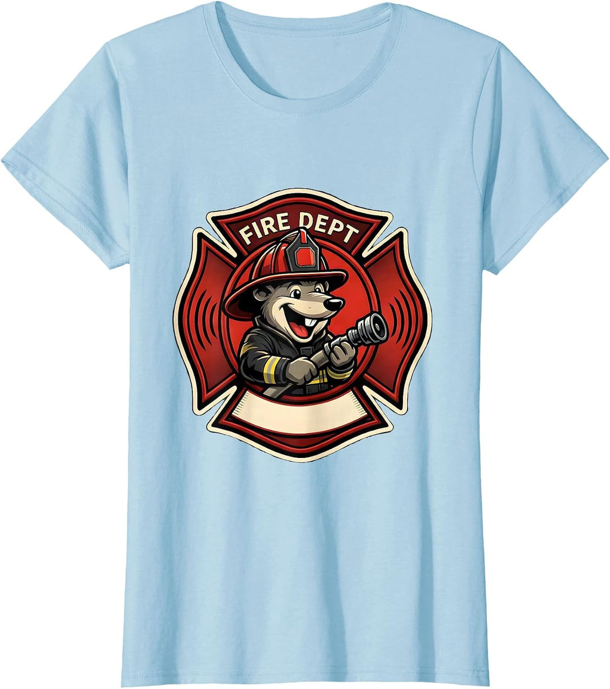Women's Fire Dept Cheerful Mole Firefighter Mascot Logo Humor T-Shirt - Baby Blue