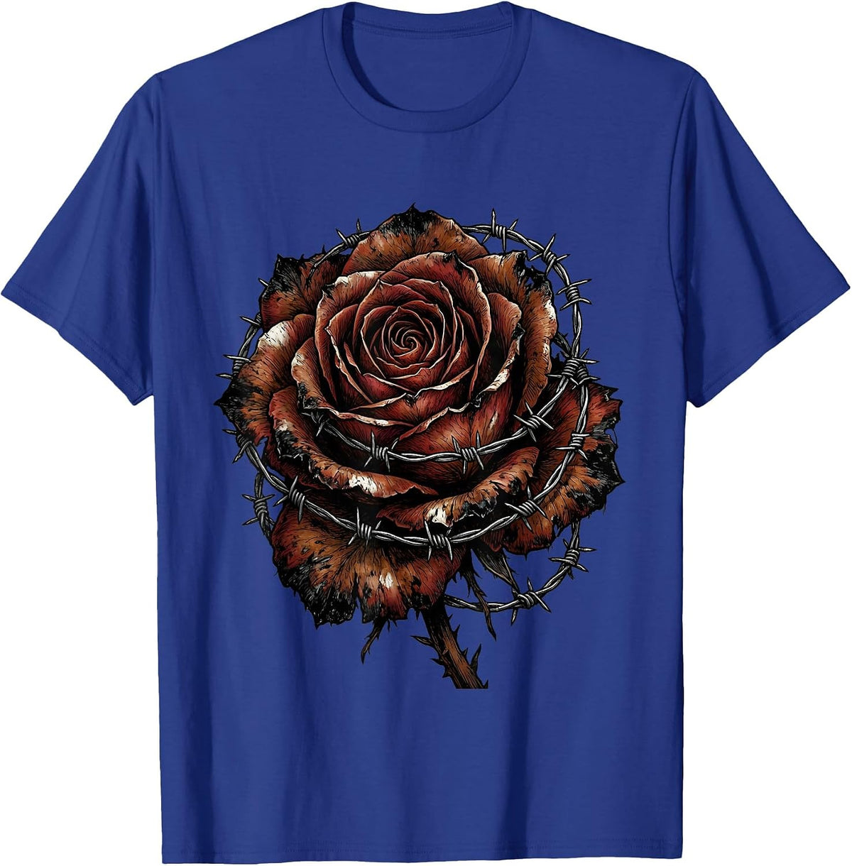 Rotting Rose Razor Wire Grunge Graphic T-Shirt - Royal Blue