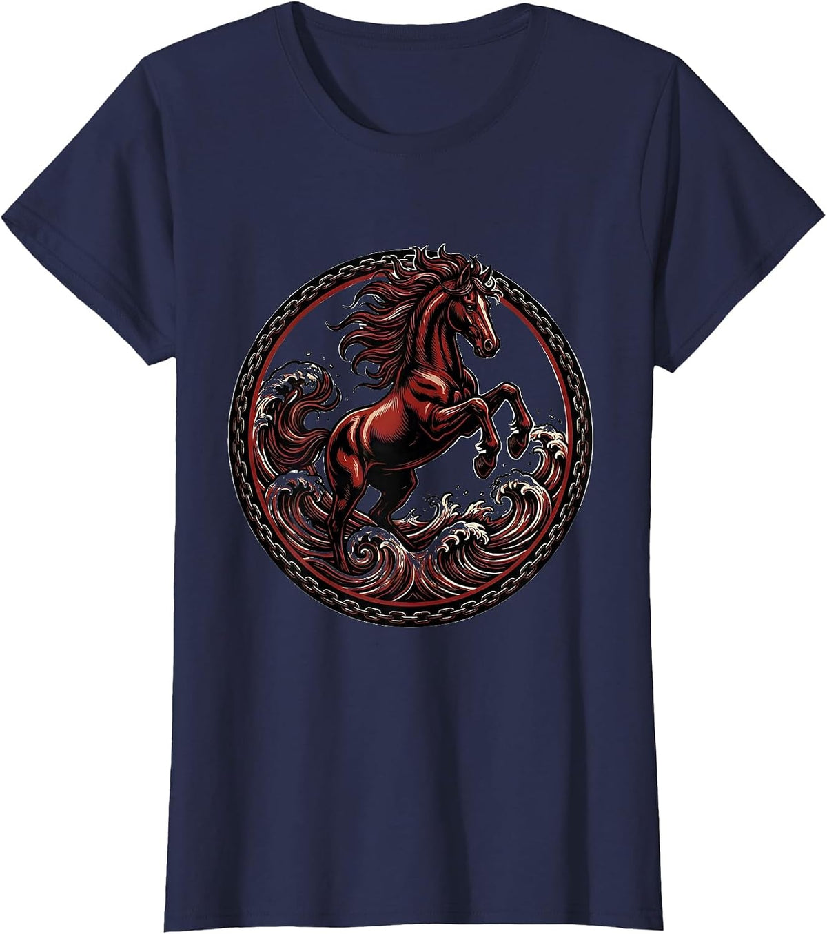 Women's Horse Galloping Through Ocean Waves Graphic T-Shirt - Navy Blue