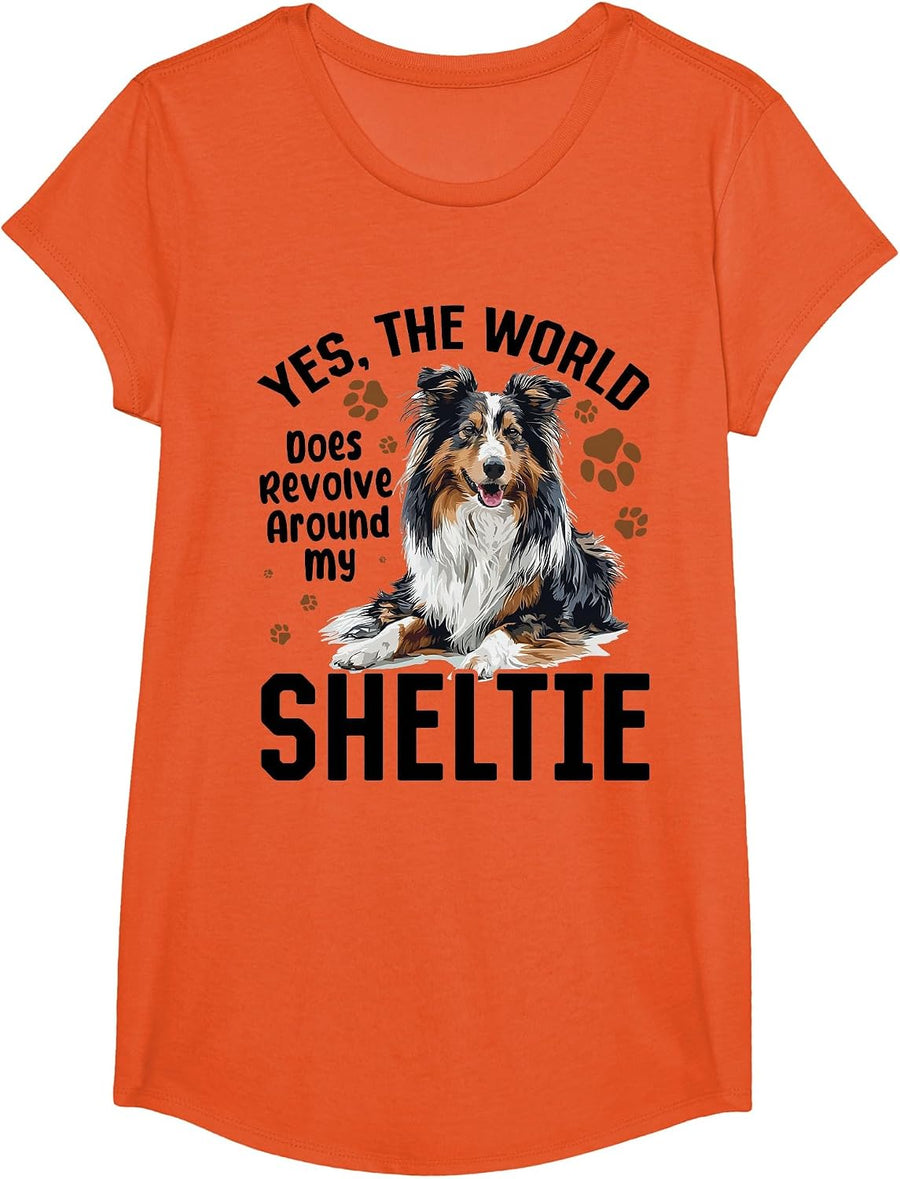 Shetland Sheepdog Dog Sheltie - Yes, The World Does Revolve T-Shirt - Girls Orange
