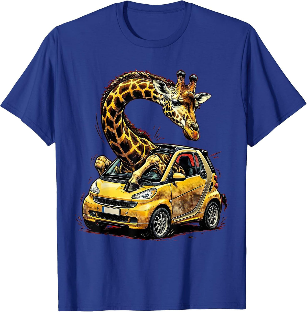Funny Giraffe Squeezing Into Tiny Car Illustration T-Shirt - Royal Blue