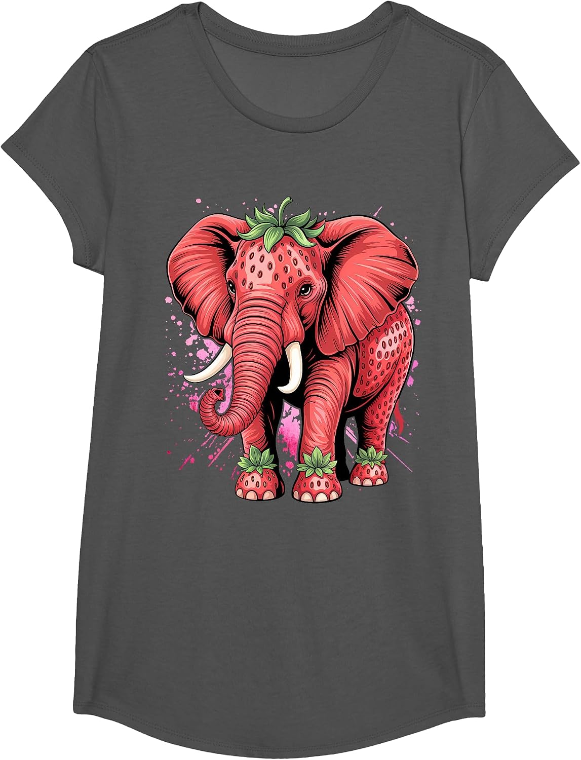 Strawberry Elephant Birthday Funny T-Shirt - Girls Asphalt Grey