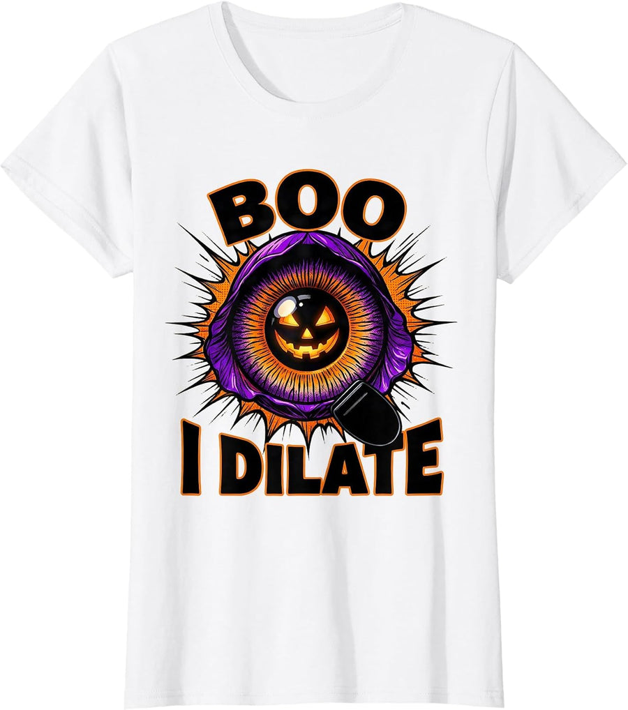 Women's Boo I Dilate Comic Book Halloween Optometrist Eye Doctor T-Shirt - White