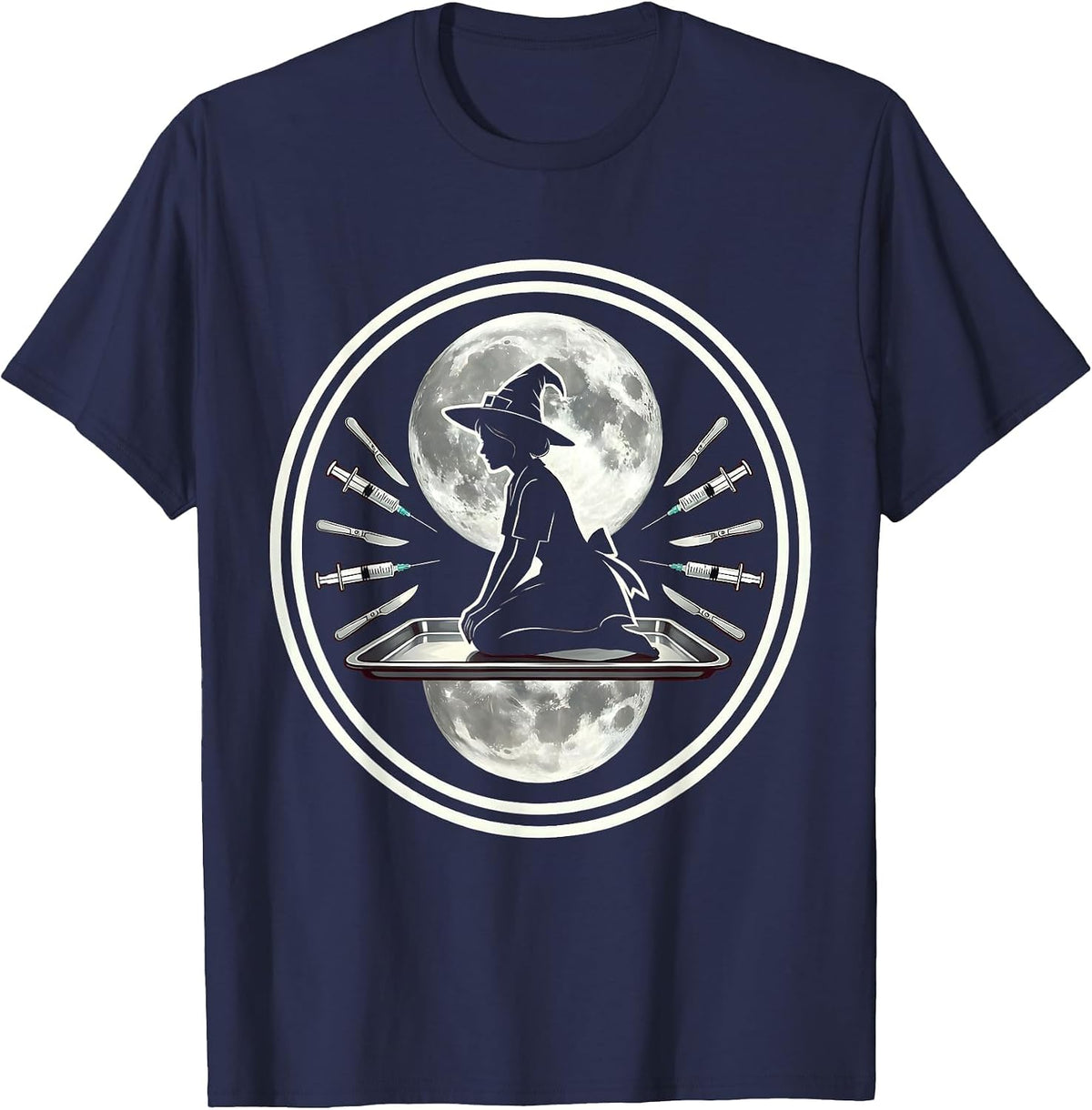 Halloween Nurse Full Moon Surgical Tray Graphic T-Shirt - Navy Blue