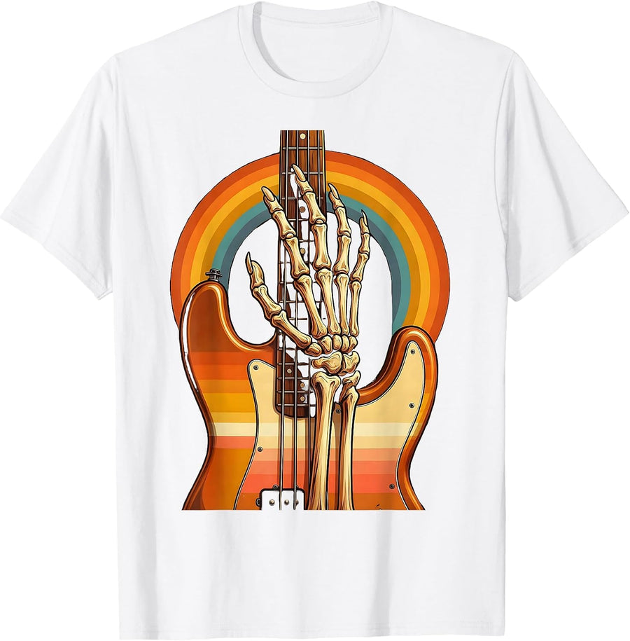 Men's Skeleton Bass Player Graphic Tee T-Shirt - White