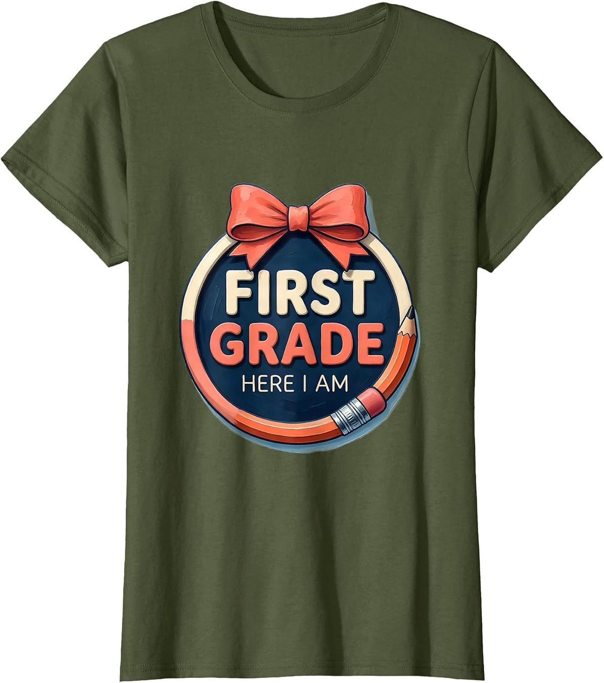 Women's First Grade Here I Am Cute Coquette Bow Back to School T-Shirt - Olive Green
