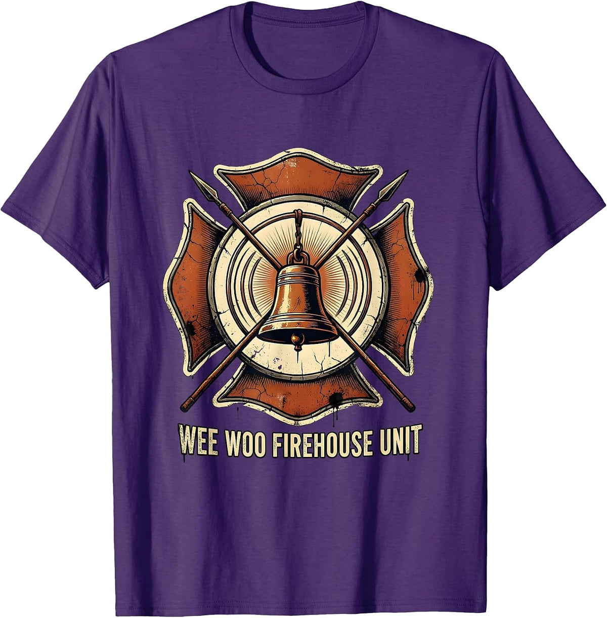 Wee Woo Firehouse Unit Distressed Firefighter Badge Humor T-Shirt - Purple