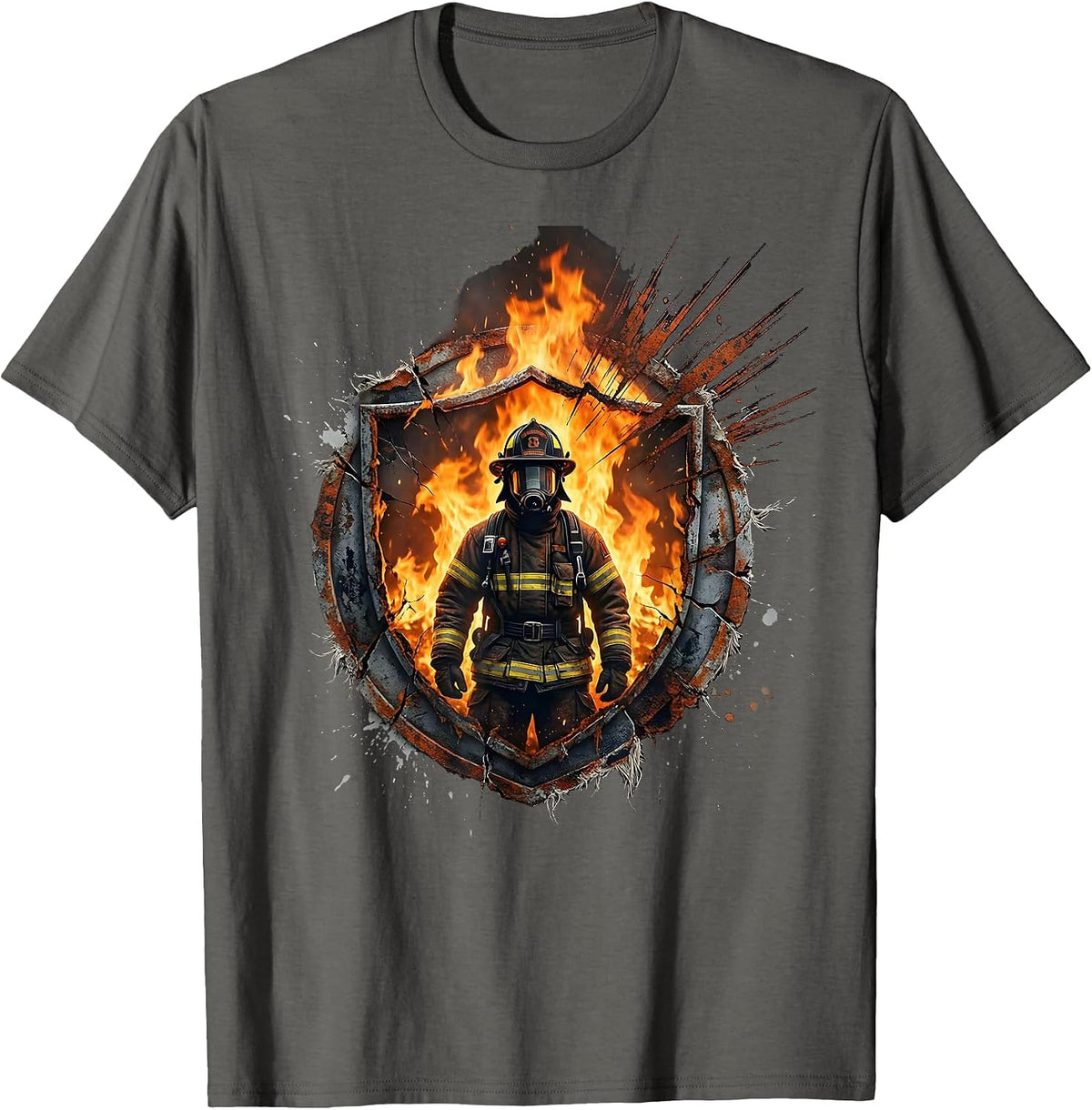 Firefighter Emerging From Inferno Backlit Design T-Shirt - Asphalt Grey