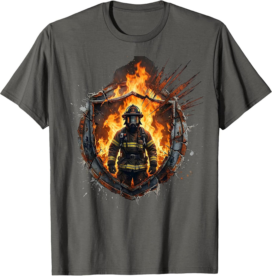 Firefighter Emerging From Inferno Backlit Design T-Shirt - Asphalt Grey