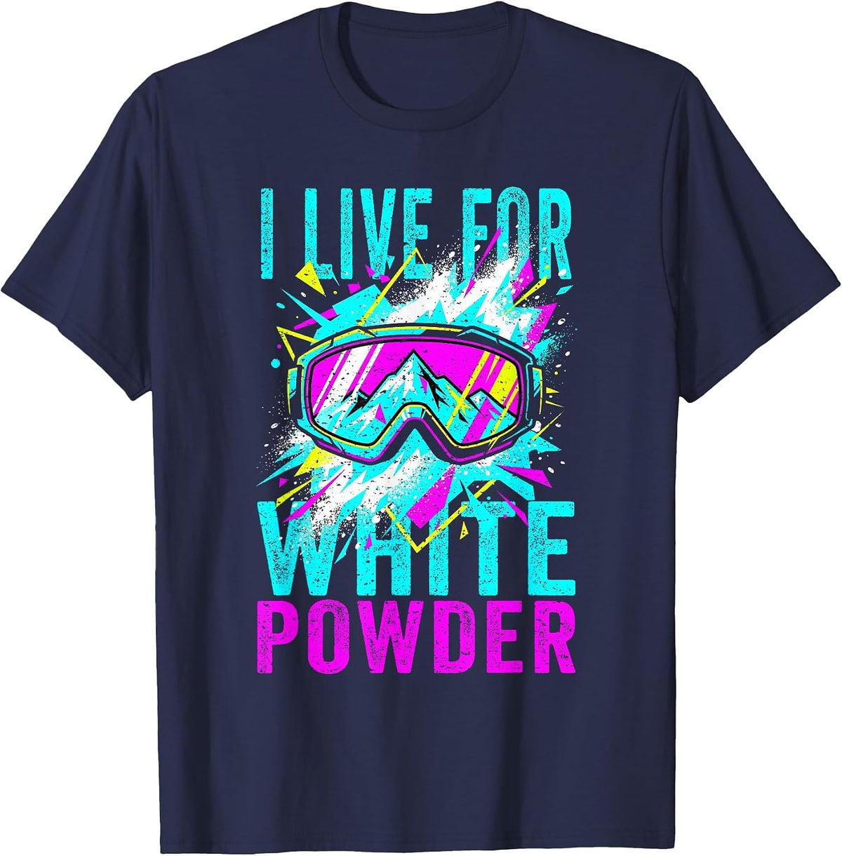 I Live for White Powder 80s 90s Retro Skiing Snowboard T-Shirt - Navy Blue