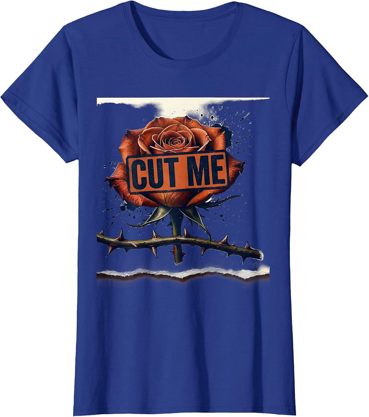 Women's Cut Me Pink Rose Rubber Stamp Gothic Floral Graphic T-Shirt - Royal Blue
