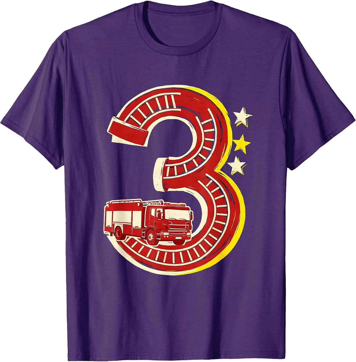 Men's Numeral Three Fire Truck Toddler Birthday Party T-Shirt - Purple