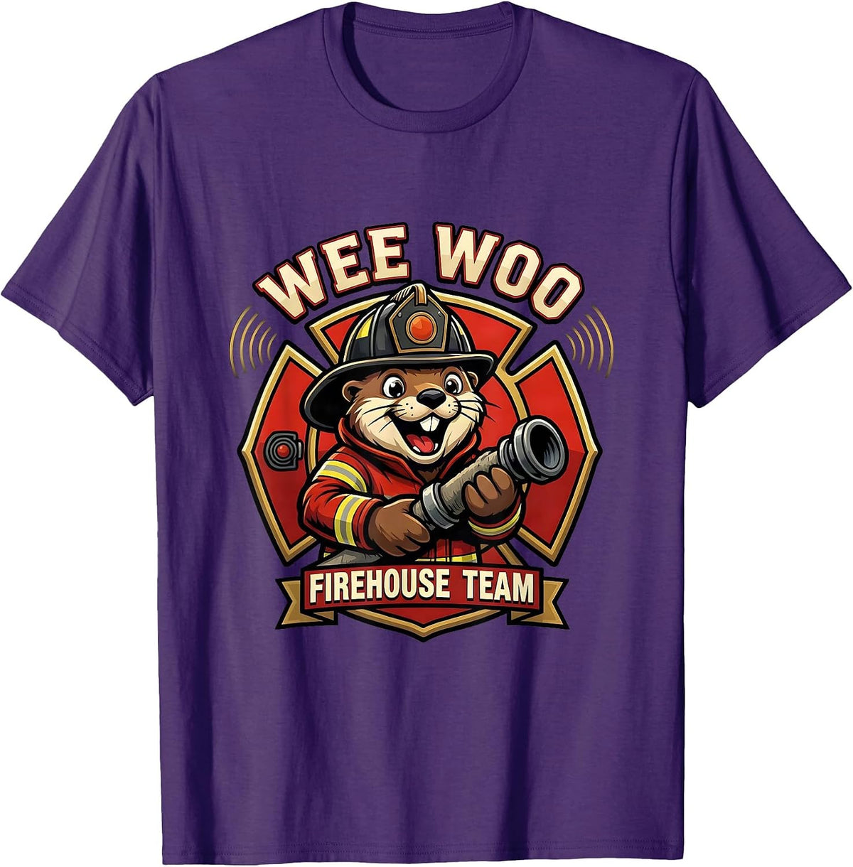 Wee Woo Firehouse Team Funny Firefighter Mascot Otter Logo T-Shirt - Purple