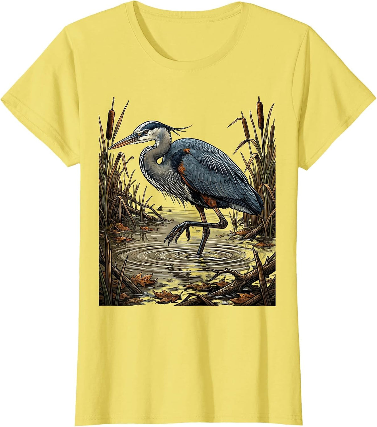 Great Blue Heron Bottomland Camo Hunting Design T-Shirt - Lemon Yellow