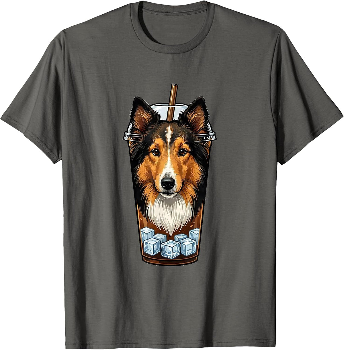 Men's Iced Coffee Shetland Sheepdog Dog Lover Meme Humor T-Shirt - Asphalt Grey