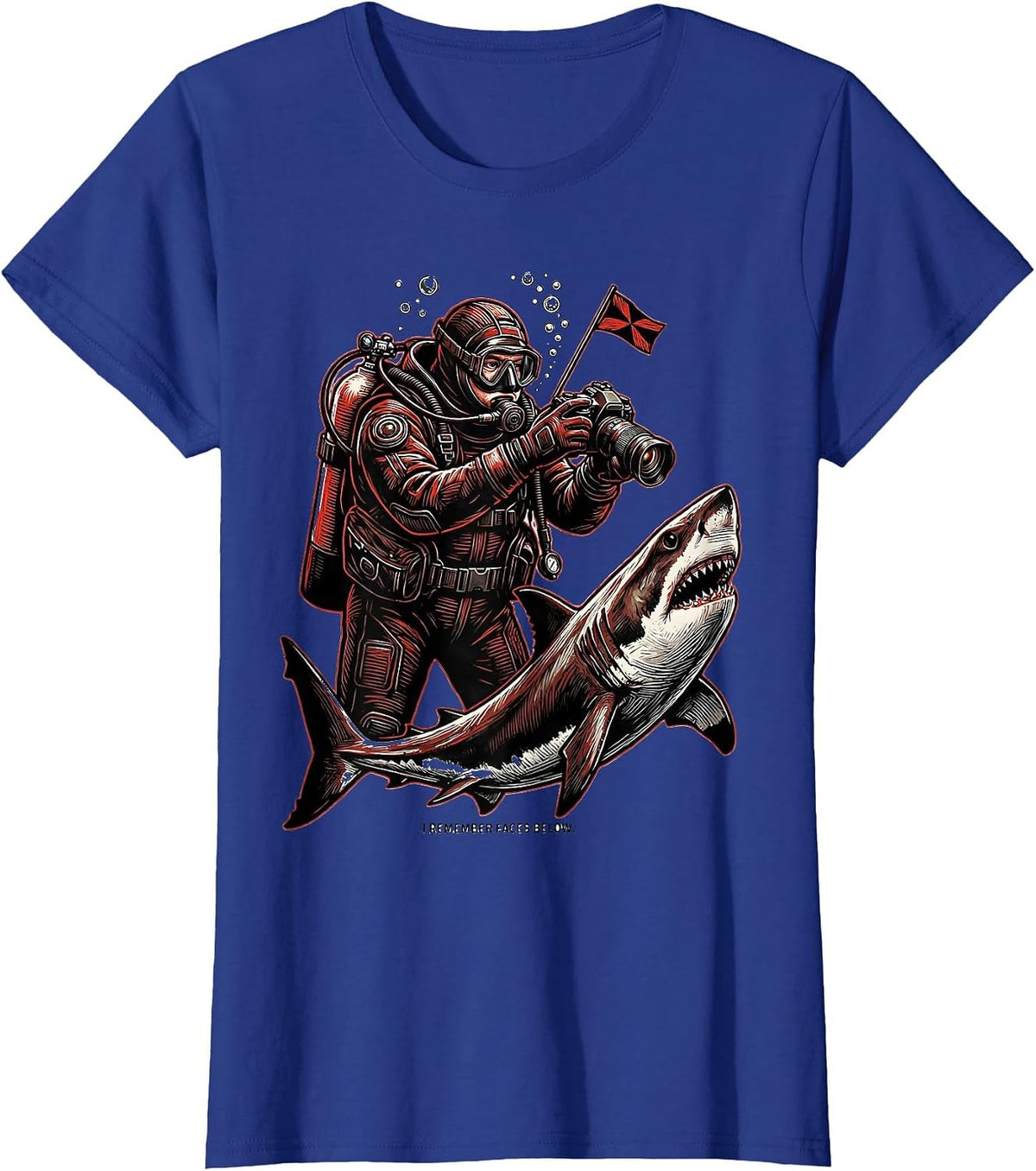 Women's I Remember Faces Below Linocut Scuba Diver Gift Christmas T-Shirt - Royal Blue
