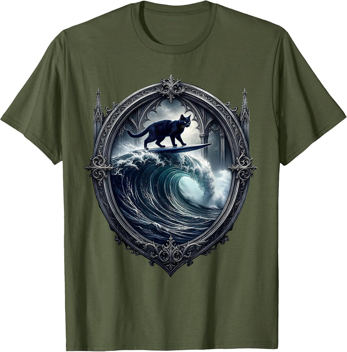 Cat Surfing Ocean Wave Illustration T-Shirt - Olive Green