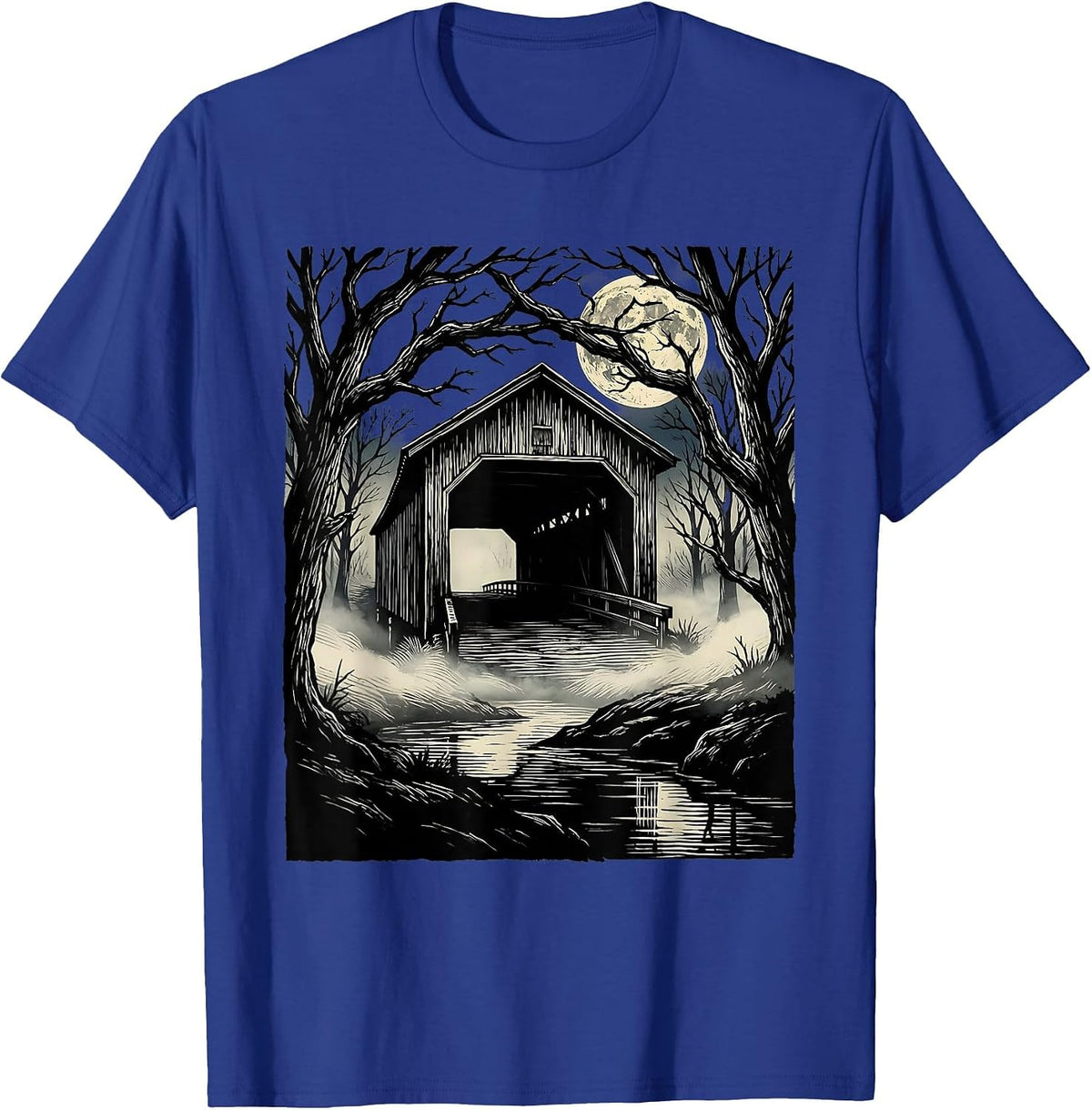 Sleepy Hollow Covered Bridge Midnight Fog T-Shirt - Royal Blue