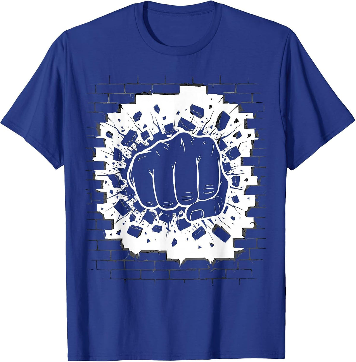 Punk Fist Burst Through Brick Wall Graphic T-Shirt - Royal Blue