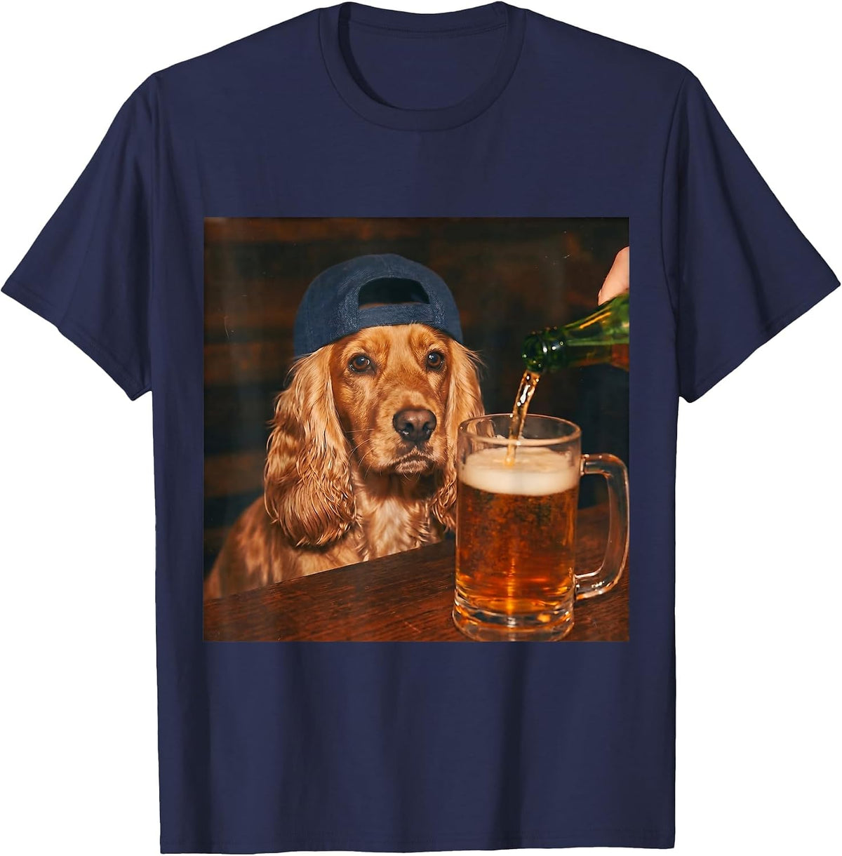 Cocker Spaniel Drinking Beer Tees Funny Fathers Day Dog Meme T-Shirt - Navy Blue