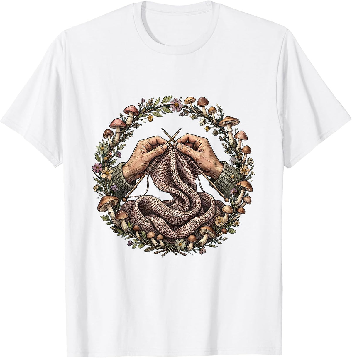 Men's Grandma Knitting Colorful Scarf Illustration T-Shirt - White