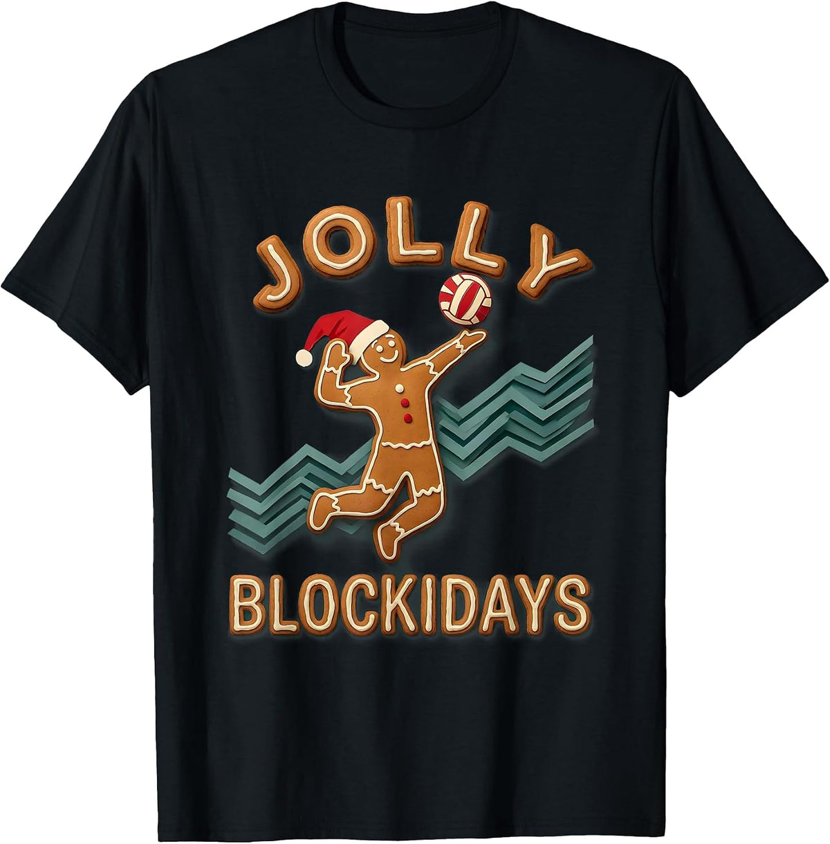 Men's Jolly Blockidays Paper Cutout Gingerbread Volleyball Blocker T-Shirt - Black