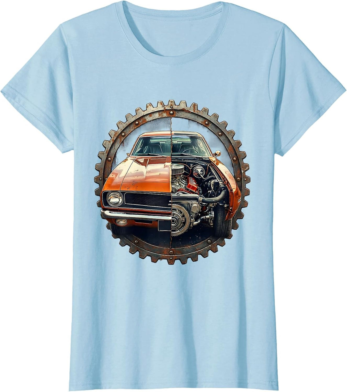 Classic Car Split Open Roaring Engine Illustration T-Shirt - Baby Blue