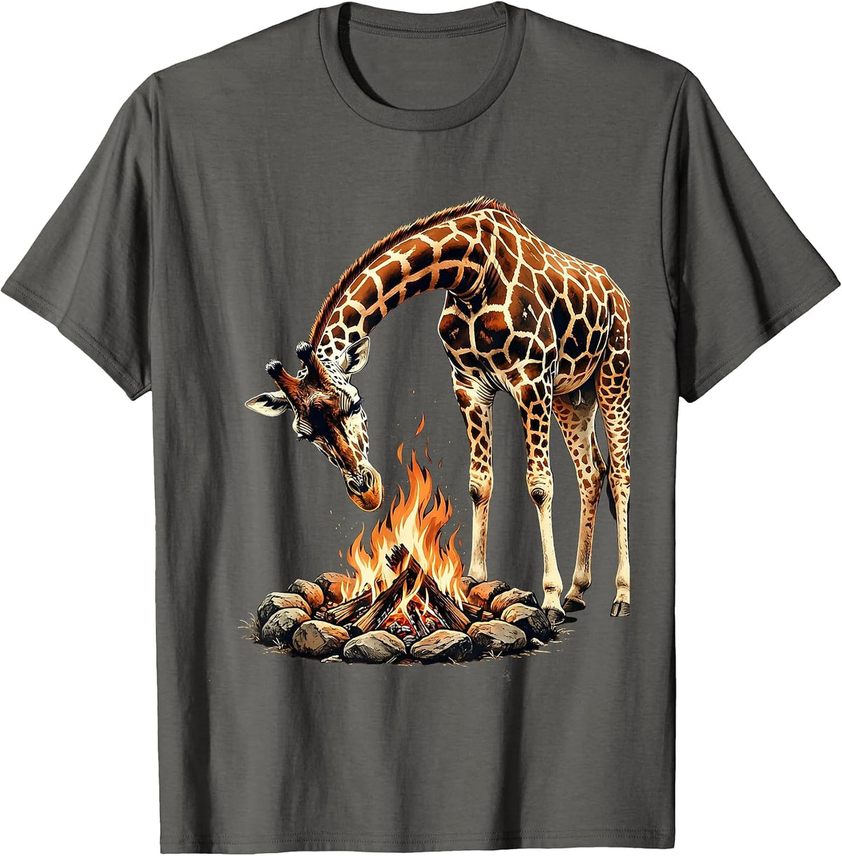 Giraffe Peering Into Campfire Night Scene T-Shirt - Asphalt Grey