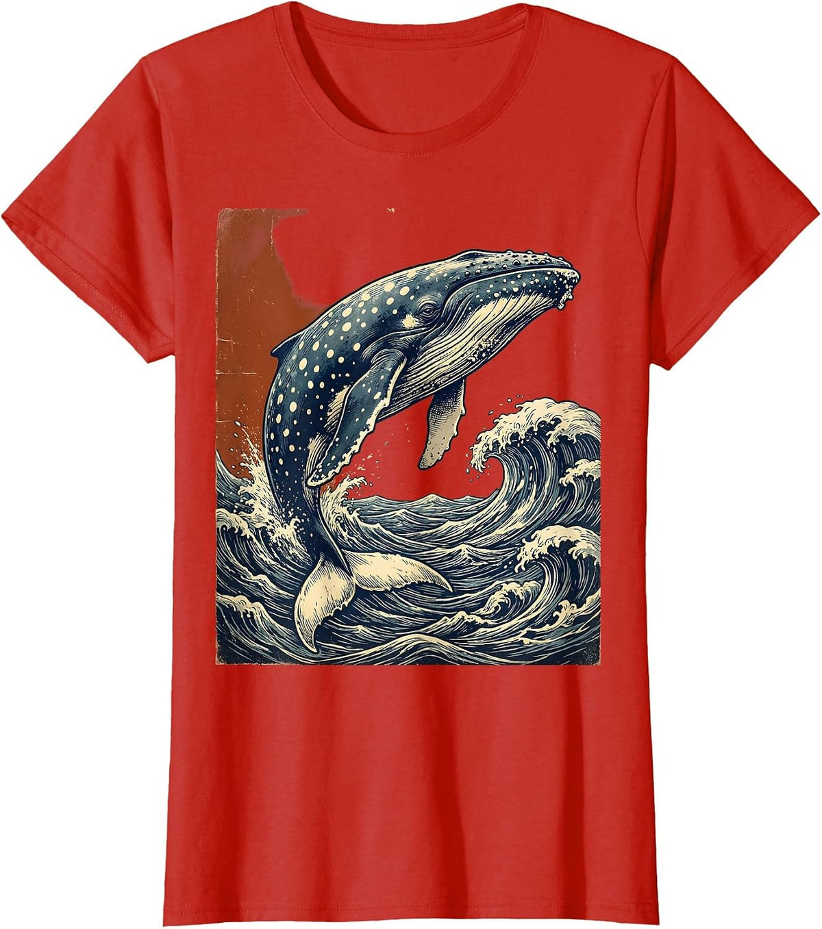 Polka Dot Whale Diving Into Ocean Waves T-Shirt - Red
