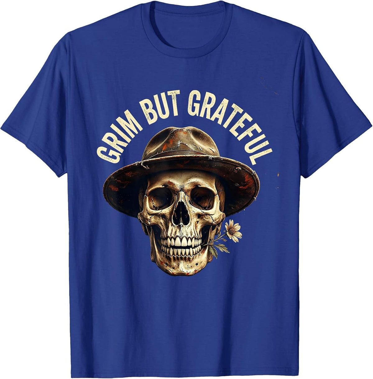 Grim But Grateful Skull Graphic Design T-Shirt - Royal Blue
