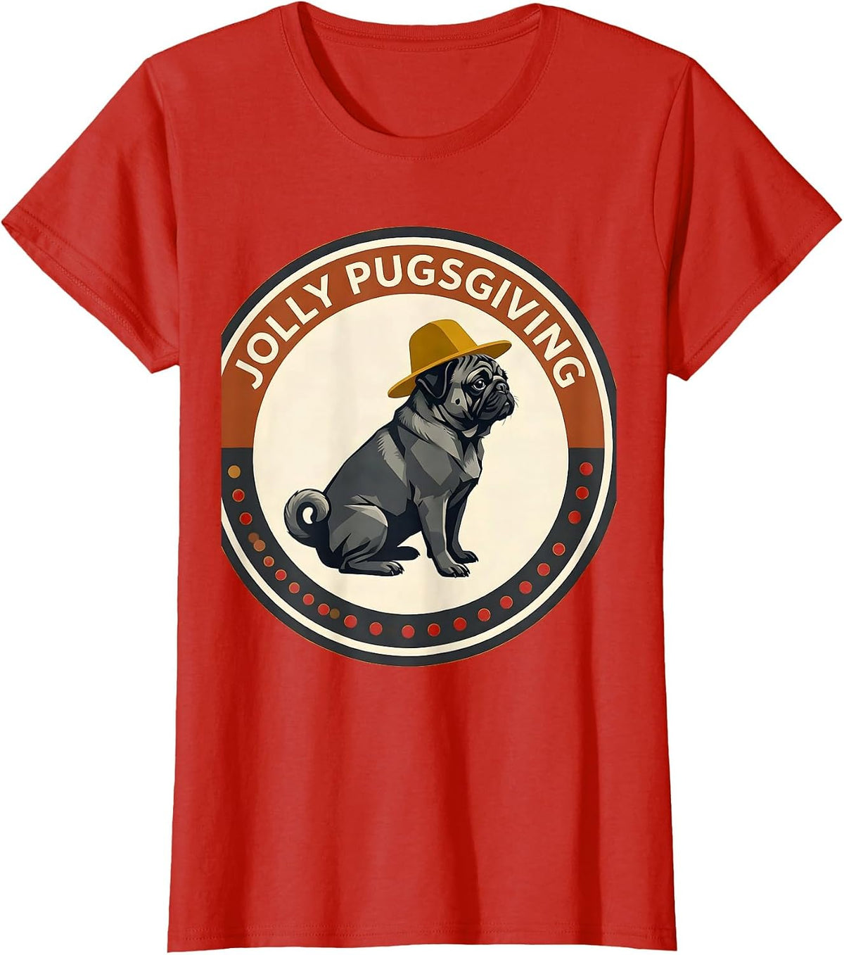 Women's Jolly Pugsgiving Midcentury Modern Pug Lover Thanksgiving T-Shirt - Red