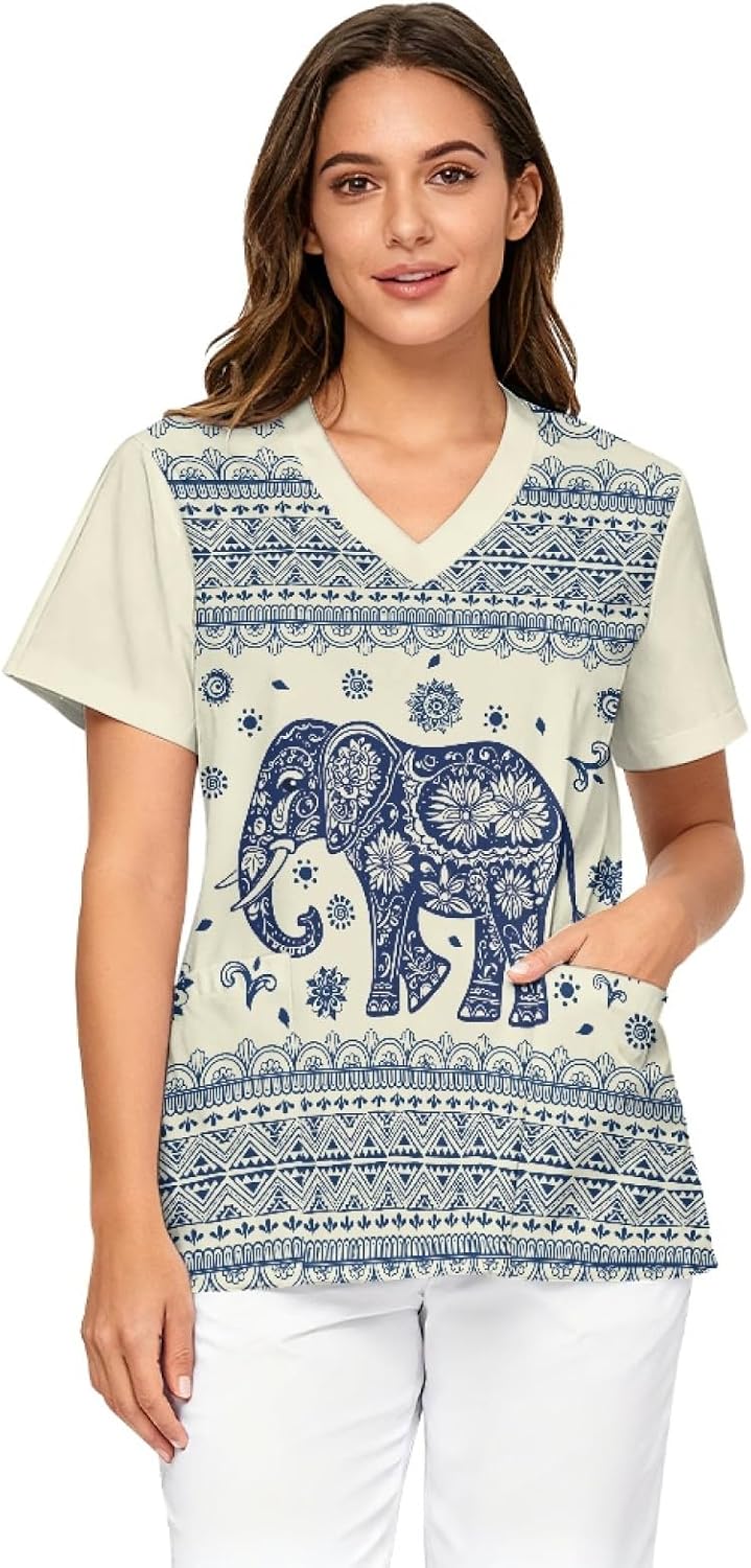 Scrubs for Women V Neck Short-Sleeve Nurse Shirts with Tow Functional Pockets for Nurses Size S-5XL - Elephant & Mandala