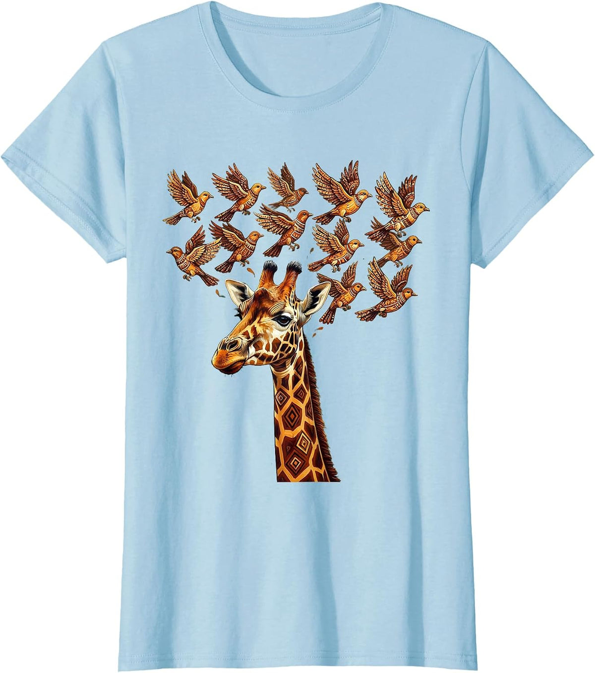 Giraffe Dissolving Into Flying Birds Illustration T-Shirt - Baby Blue