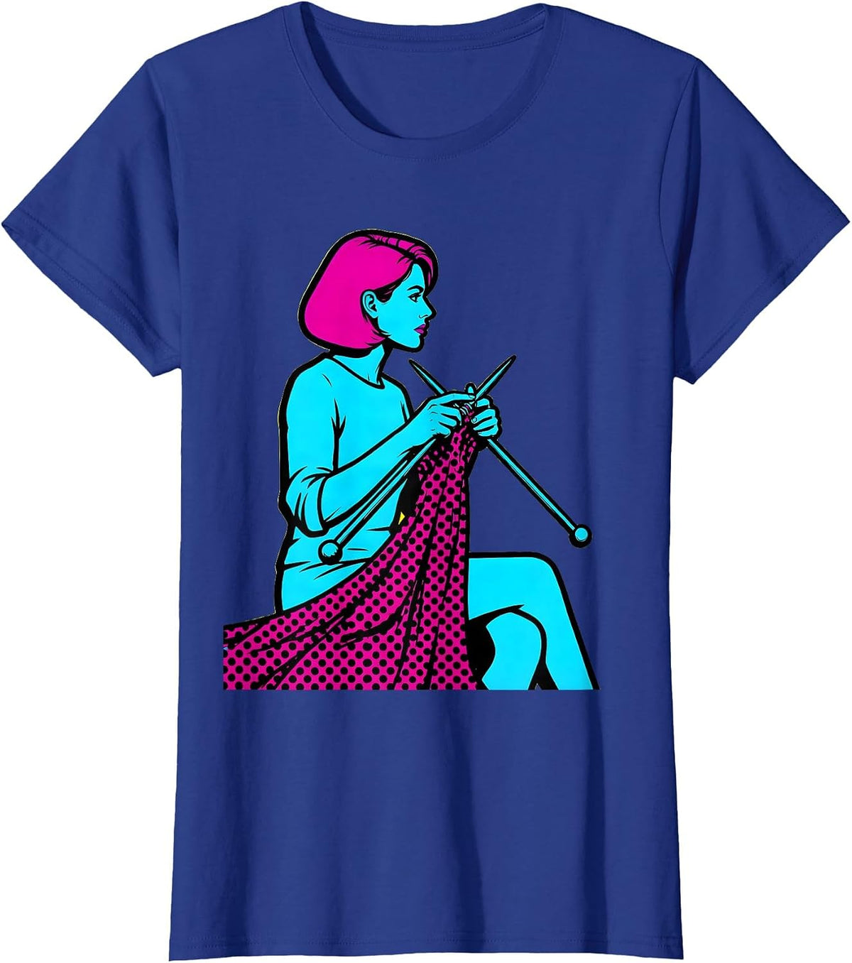 Women's Polka Dot Knitting Illustration Graphic Design T-Shirt - Royal Blue