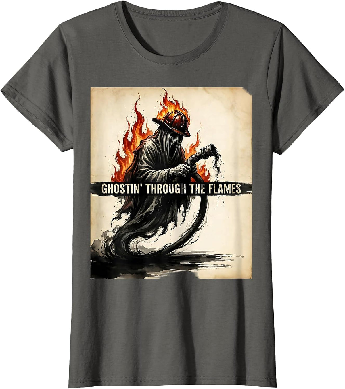 Women's Halloween Firefighter Ghost Ghostin Through the Flames T-Shirt - Asphalt Grey