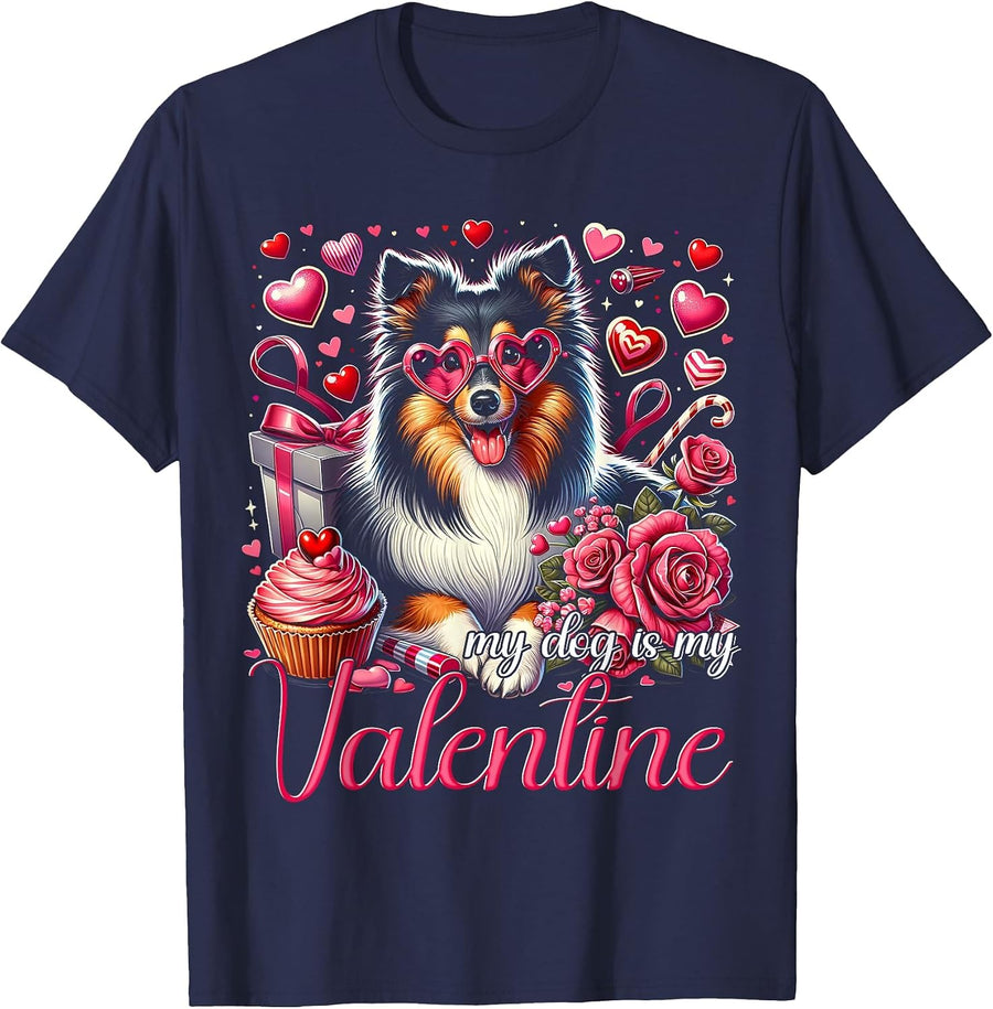 My Shetland Sheepdog is My Valentine Dogs Lovers Sheltie T-Shirt - Navy Blue
